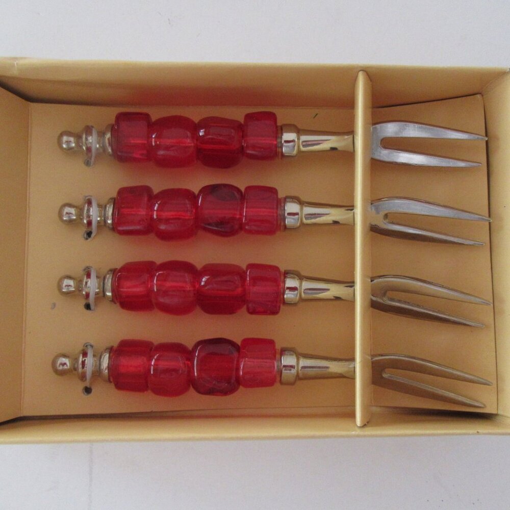 Red acrylic beaded handles cocktail appetizer forks - set of 4 - New Old Stock